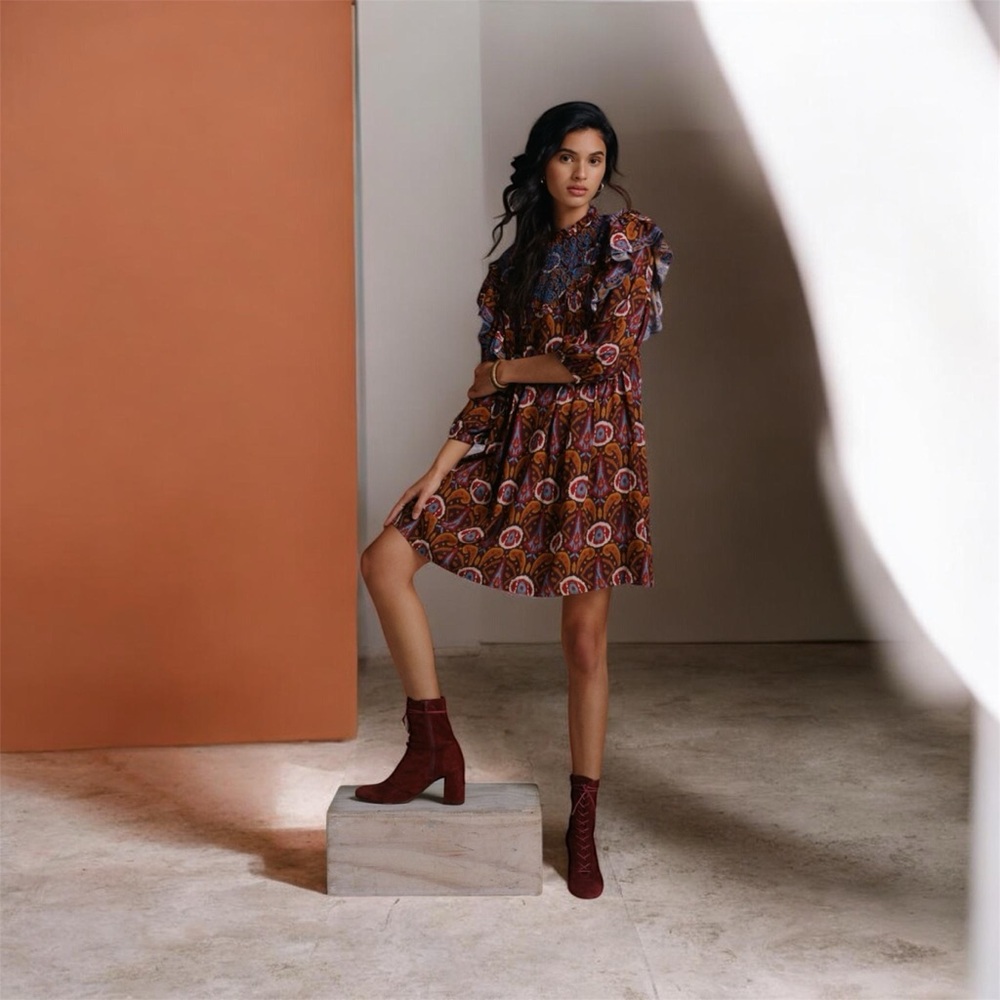 Anthropologie Seen Worn Kept Tavi Tunic Dress Ikat Embroidered Ruffle